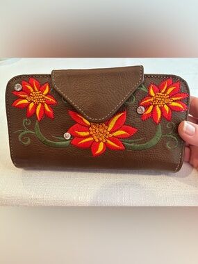 Super Pretty and Vibrant Floral Wallet, Faux Brown Leather with Studs, Boho Vibe